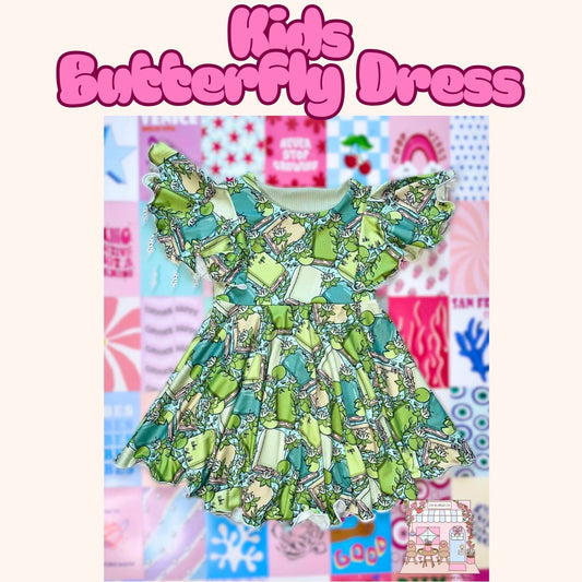 Colorful butterfly-themed dress on a patterned background with text 'Kids Butterfly Dress'.